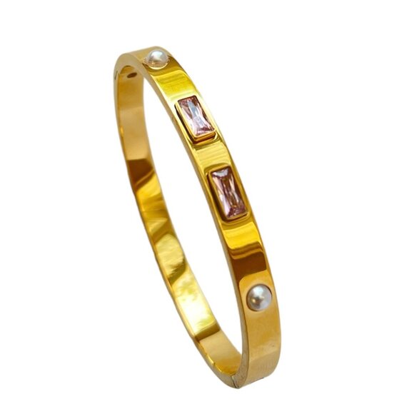 GOLD BANGLE BRACELET WITH ROIUND CRYSTAL DOTS , GREAT STACKING BRACELETS - Picture 2 of 3